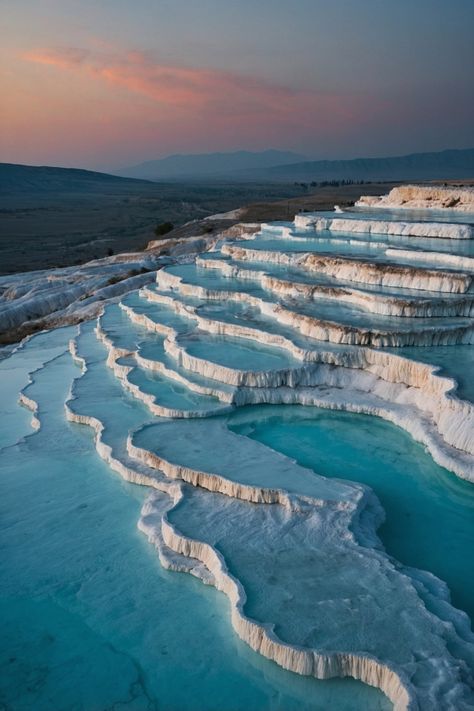 Pamukkale, Turkey: "A surreal image of Pamukkale’s white travertine terraces filled with turquoise mineral-rich waters, glowing softly under a twilight sky." Pamukkale Turkey, White Travertine, Twilight Sky, Image Gallery, Turquoise, White, Art