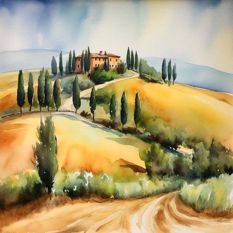 Tuscany - in Love with the Med Art | OpenSea Tuscany Watercolor Landscape, Tuscany Italy Painting, Tuscany Art Painting, Tuscany Scenery, Tuscany Paintings, Tuscany Watercolor, Tuscany Art, Tuscan Art, Tuscany Landscape