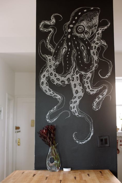 Octopus Mural, Chalk Wall Art, Chalkboard Wall Art, Chalk Wall, Auto Shop, Brooklyn Apartment, Bff Drawings, The Octopus, Chalkboard Wall