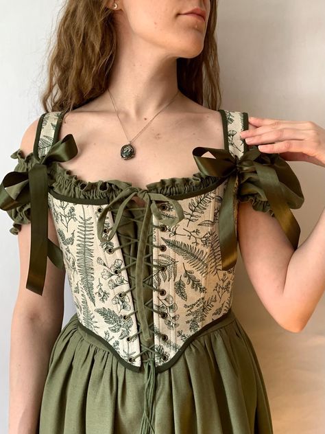 Vintage Outfits With Corset, Ren Fairy Costume, Corset Aesthetic Outfit, Layering Corset, Fairycore Overbust Corset Dress For Cosplay, Corset With Pants, Woodland Nymph Costume, Fairycore Fitted Corset For Costume, Milkmaid Costume