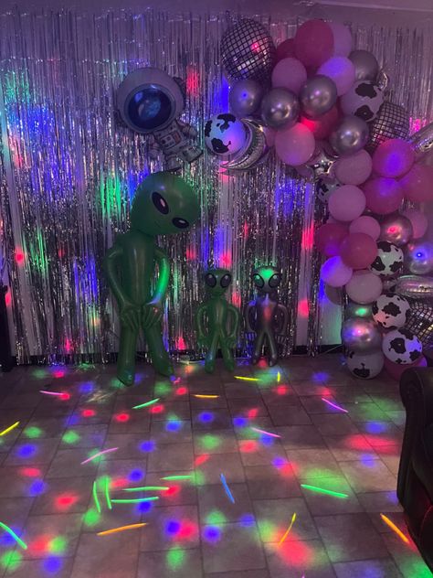 Cosmic Disco Party, Space Cowgirl Decorations, Space Cowgirl Themed Birthday Party, Space Cowboy Party Theme Decor, Space Disco Party Theme, Alien Party Theme, Space Cowboy Decorations, Cowboy Alien Party, Neon Cowgirl Birthday Party