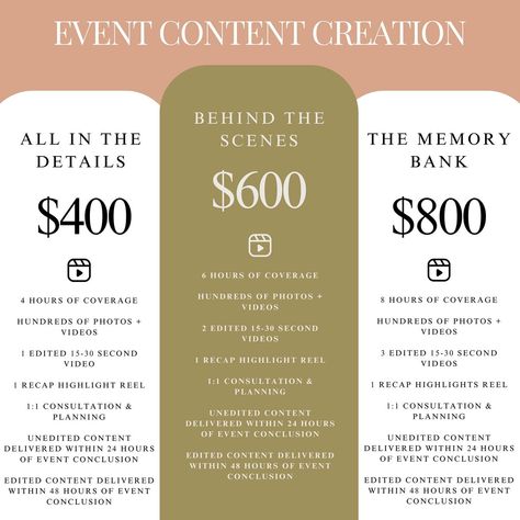 ✨ NOW OFFERING ✨ EVENT CONTENT CREATION Have you heard the news? We are officially offering content creation services for weddings, branding events, birthdays, bachelorette parties, bridal showers and more! Over the years, we have learned to appreciate the hard work that goes into each detail of an event and love all the special moments that happen on wedding day. Having a content creator present to capture everything from start to finish and be able to relive it all 24 hours after your e... Content Creator Business Plan, Event Content Creator, Content Creation Packages, Event Content Ideas, Wedding Day Content Creator, Wedding Content Creator Ideas, Wedding Content Ideas, Wedding Content Creator, Events Website