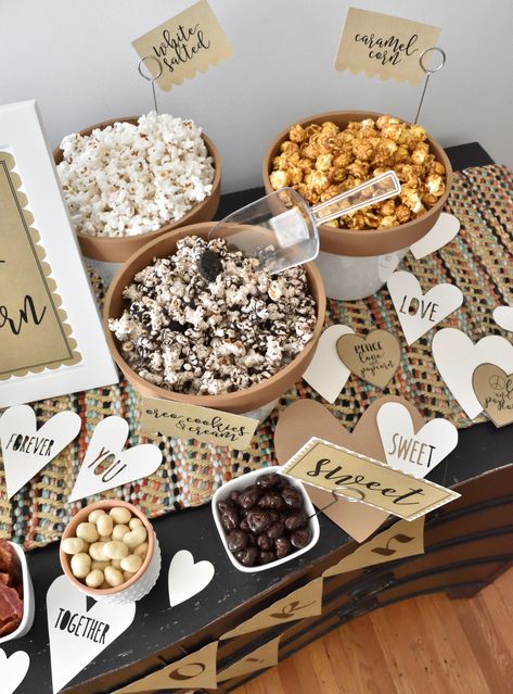 A popcorn bar is a fun treat idea for Valentine's Day! Boho Popcorn Bar, Popcorn Charcuterie Board Ideas, Harvest Party Food, Popcorn Bar Ideas, Popcorn Board, Popcorn Bar Toppings, Meeting Themes, Popcorn Display, Corn Bar