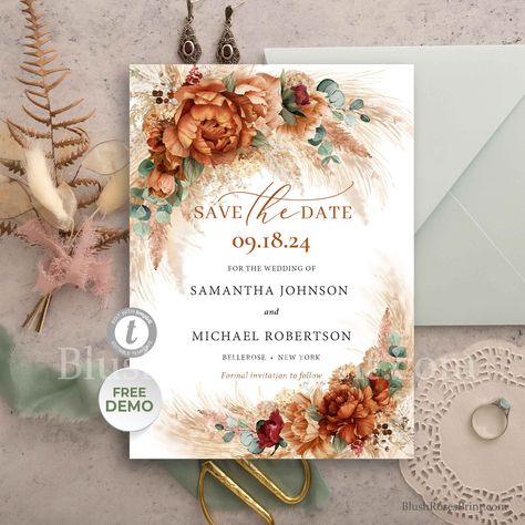 Boho Terracotta Wedding Stationery, Beige Save The Date, Burnt Orange Save The Date, Burnt Orange Wedding Invites, Fall Wedding Save The Date Ideas, Green And Orange Wedding Invitations, Boho Western Wedding Invitations, Sage And Burnt Orange Wedding, Western Save The Date Ideas