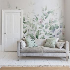 Wall Mural Wallpaper for Feature Walls | Dunelm Bamboo Mural, Leaf Mural, Green Mural, Watercolour Leaves, Calming Interiors, Bedroom Murals, Plant Wallpaper, Loft Conversion, Kitchen Plans