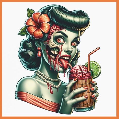 Zombie Pinup Tattoo, Halloween Pinup Tattoo, Pinup Tattoo Ideas, Doodles On Skin, Zombie Tattoo Ideas, Monster Pinup, Psychobilly Art, Pinup Zombie, Zombie Girl Tattoos