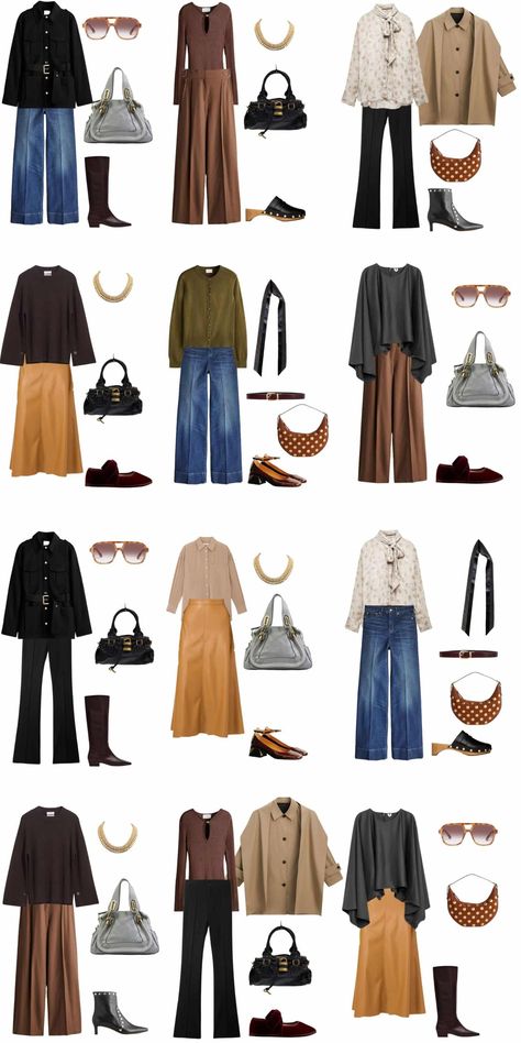 A 12 Piece Chloé Inspired Fall Capsule Wardrobe - livelovesara Wardrobe Outfits Ideas, Sydney Trip, Casual Chic Fall, Autumn Capsule Wardrobe, Olivia Dunne, French Inspired Fashion, Black Flares, Coachella Outfits, Outfit Combos