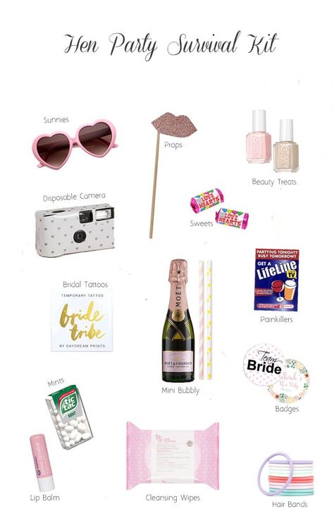 Planning to do hen party survival kits for the girls or bride-to-be? Check out some awesome things you can include! #henpartysurvivalkit Hen Party Survival Kit, Hen Do Party Bags, Survival Kit Ideas, Bridal Tattoo, Hen Ideas, Party Survival Kit, Hangover Survival Kit, Hen Night Ideas, Survival Kit Gifts