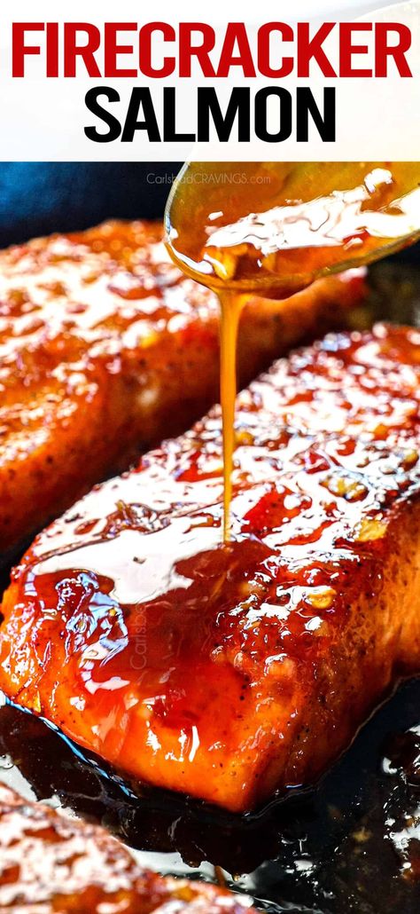 Firecracker Salmon with the BEST Sauce (+ Optional Peach Salsa) Chinese Salmon Recipes, Mexican Salmon Recipes, Spicy Salmon Recipes, Firecracker Salmon, Sauteed Salmon, Fish Meals, Seared Salmon Recipes, Salmon Recipes Pan Seared, Salmon Recipes Baked Healthy