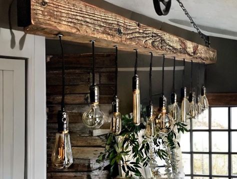 Barn Beam Lighting, Edison Bulb Chandelier, Wooden Beam, Beam Light, Ceiling Hooks, Timber Beams, Ring Plate, Vintage Bulb, Reclaimed Timber