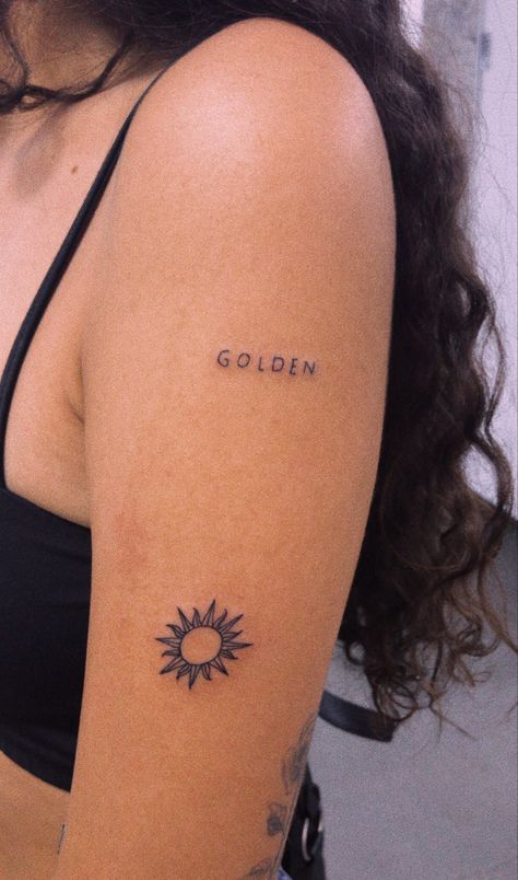 Harry Styles Tattoos Golden, Golden Tattoo Word, Under Pressure Tattoo, Golden Tattoo Harry Styles, Stay Golden Tattoo, Golden Hour Tattoo, Fangirl Tattoos, Harry Styles Tattoos Ideas, Harry Styles Tattoos Inspiration