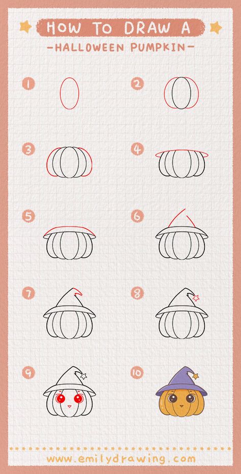 Setp by Step tutorial on how to draw a halloween pumpkins. FREE download the Printable drawing guide and coloring page, Click to Get! #drawing #howtodrawahalloweenpumpkins #halloweenpumpkins #learntodraw #howtodraw Draw An Owl, Trin For Trin Tegning, Easy Halloween Drawings, Doodle Art For Beginners, Pumpkin Drawing, Drawing Tutorials For Kids, Owls Drawing, Being Creative, Easy Doodle Art