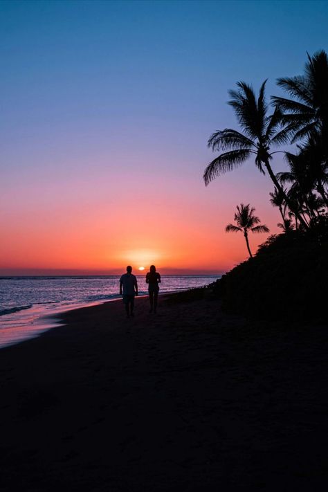 Silhouette of Two People Walking on the Beach during Sunset Orange Sunset Aesthetic, Two People Walking, Sunset Aesthetic Beach, Walking On The Beach, Orange Sunset, People Walking, Hawaii Beach, Sunset Aesthetic, Aesthetic Beach