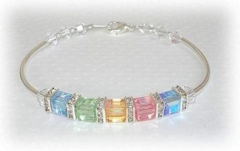 Mother Grandmother Cube Crystal Birthstone Bracelet - Roses And Teacups Crystals Ornaments, Memory Wire Jewelry, Family Birthstone Necklace, Grandmother Jewelry, Mothers Bracelet, Hand Bracelet, Necklace Diy, Birthstone Bracelets, Fabulous Jewelry