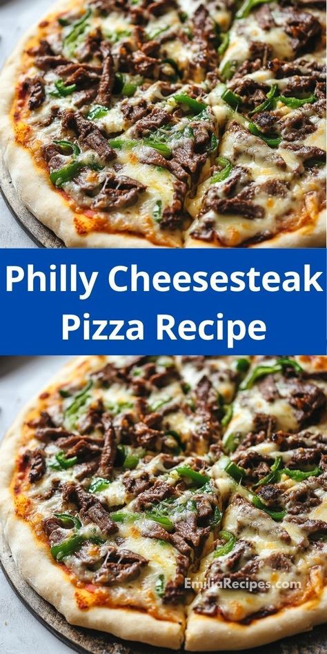 Searching for new dinner ideas? This Philly cheesesteak pizza recipe is perfect! Great for steak dinner ideas, pizza casseroles, and pizza dinners ideas for a unique twist on your usual meals. Pizza Dinner Ideas, Steak Dinner Ideas, Cheesesteak Pizza, Steak Peppers, Crispy Pizza Crust, Steak Pizza, Pizza Dinner, Sliced Steak, Philly Cheesesteak