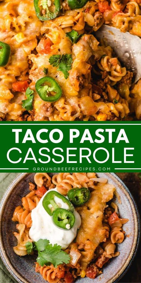 Experience your favorite classic tacos in one comfort food casserole! Hearty and cheesy, this taco pasta bake is an easy comfort food dinner the whole family will love. Save this taco pasta casserole recipe! Taco Pasta Bake Casserole, Classic Tacos, Taco Pasta Casserole, Taco Bake Casserole, Taco Pasta Bake, Comfort Food Casserole, Ground Chicken Tacos, Easy Comfort Food Dinners, Ground Beef Pasta Recipes