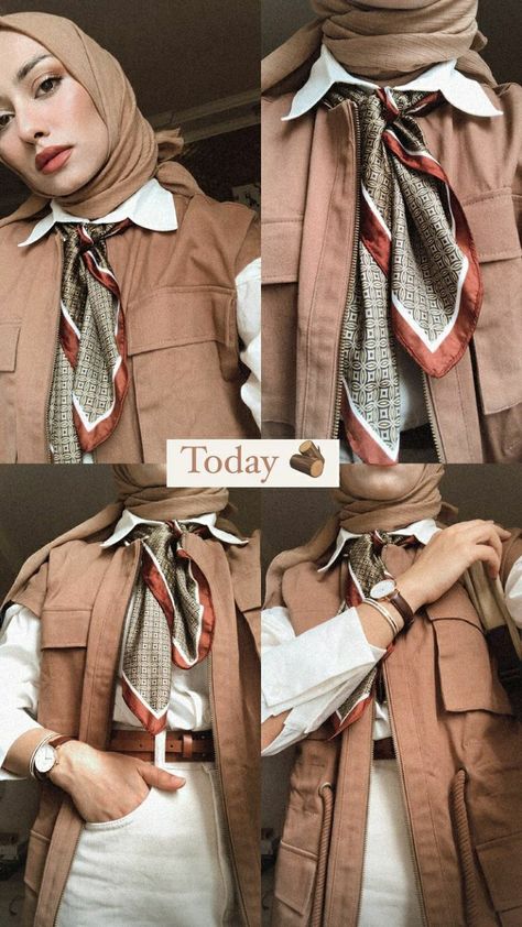 Silk Scarf Aesthetic, Ootd Scarf, Modest Winter Outfits, Woman In Suit, Diy Fashion Scarf, Street Hijab Fashion, Modern Hijab Fashion, Modesty Outfits, Muslim Outfits Casual