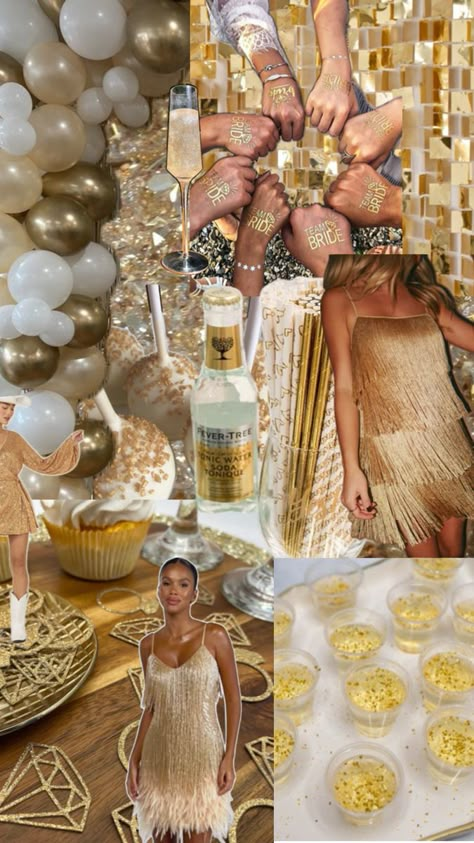 Hens Night Theme Ideas, Gold Hen Party, Gold Rush Bachelorette, Gold Rush Bachelorette Party, Gold Themed Bachelorette Party, Golden Bachelorette Party, Neutral Bachelorette Theme, Gold And White Bachelorette Party, White And Gold Outfits Parties