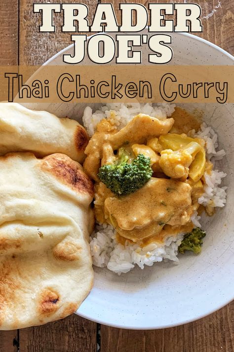 Whether you're a busy working professional or a mom who needs a dinner plan for the family, this super easy Thai Chicken Curry using Trader Joe's bottled Thai Style Red Curry sauce is the perfect weeknight meal. It takes less than 30 minutes, and doesn't skimp on flavor. SO good! Thai Red Curry Sauce Recipe, Thai Style Red Curry Trader Joes, Trader Joes Chicken Curry Recipe, Trader Joes Curry Sauce, Trader Joe’s Thai Red Curry Sauce, Trader Joe’s Curry Chicken Salad, Trader Joe’s Curry Recipe, Easy Thai Chicken, Curry Seasoning