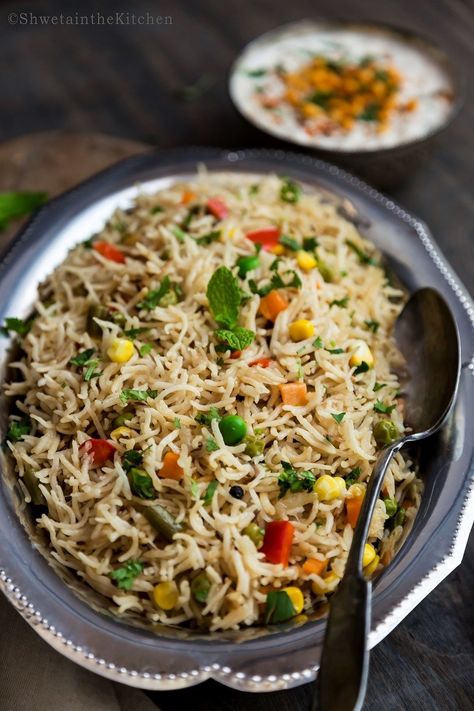 Veg Pulao - Vegetable Pulav - Shweta in the Kitchen Palav Recipes, Veg Pulav Recipe, Veg Pulao Recipe, Vegetables Rice, Veg Pulao, Indian Meals, Spicy Snacks Recipes, Indian Rice, Pulao Recipe