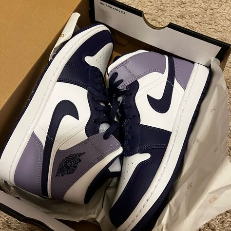 Air Jordan 1 Mid Sky J Purple, New Purple And Gold Air Force 1, Nike Shoes Women Air Jordans, Jordan 1 Lavender, Jordans 1 For Women, Air Force Nike Shoes, Cute Shoes Nike Jordans, Cute Shoes Jordans, Jordans Shoes Women, Air Jordan Mid 1 Outfit