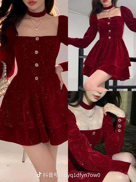 Red Outfits Korean Style, Wine Red Dress Short, Gala Dresses Classy, Fashion Ramp, Sparkly Short Dress, Red And White Outfits, Red And Black Outfits, Wine Red Dress, Classy Skirts