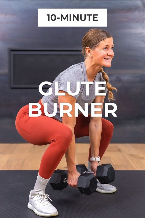 Build your booty with this strength-focused glute workout for women! 5 of the best dumbbell glute exercises to build strong, defined glutes and legs. All you need is a set of dumbbells and modifications are provided for all fitness levels! Glute Toning Workout, Most Effective Glute Exercises At Home, Glutes Dumbells Workout, Hiit Workout Legs Glutes, Parts Of The Glute, Legs And Glutes Workout Weights, Best Workout For Glutes, Standing Banded Glute Exercises, Db Glute Exercises