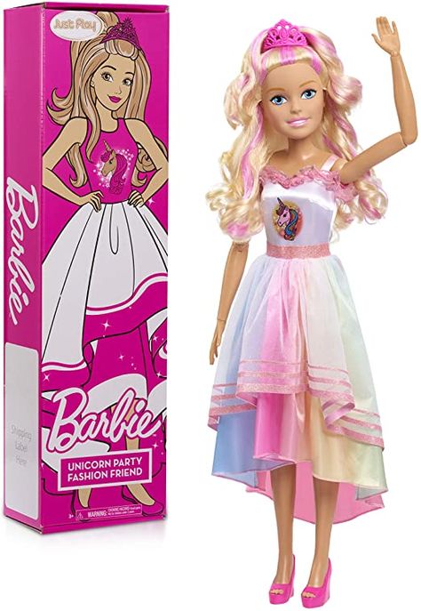 barbie 28 inch doll unicorn party fashion Brown And Pink Hair, Giant Doll, Unicorn Barbie, Doll Blonde Hair, American Girl Furniture, Barbie Books, Barbie Doll Set, Play Barbie, Barbie Images