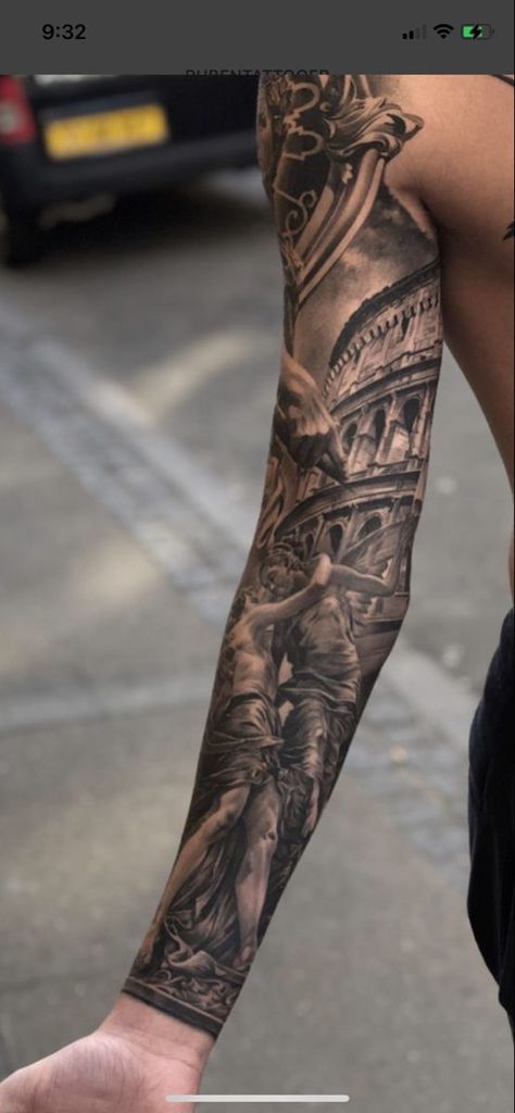 Men Greek Tattoos, Men’s Greek Tattoos, Full Arm Tattoo Men Design Inspiration, Gladiator Sleeve Tattoo, Roman Gods Tattoo, Realistic Tattoo Sleeve Men, Religious Sleeve Tattoos, Full Leg Tattoo, Inside Of Arm Tattoo