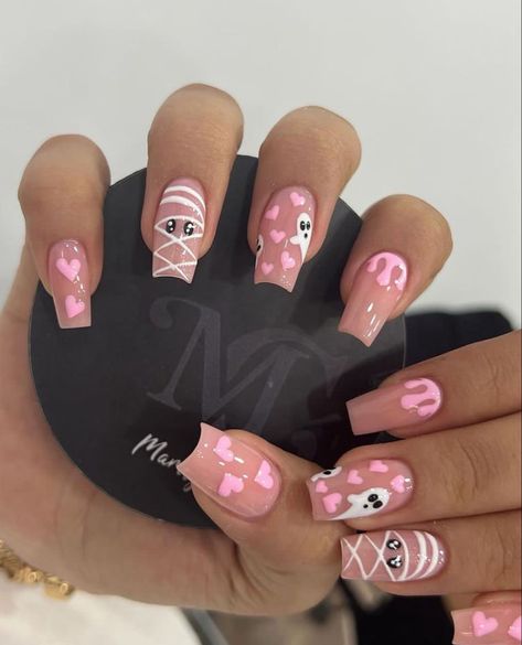 Nails Medium Square, Nails With Pink, Pink Press On Nails, Fake Nails White, Holiday Acrylic Nails, Halloween Press On Nails, Cute Halloween Nails, Press On Nails Medium, October Nails