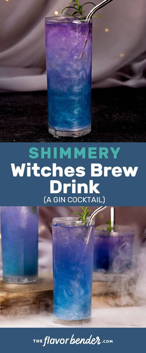 This Witches Brew Drink is the most spectacular Halloween cocktail you could concoct! A show-stopping drink with a beautiful blue to pink/purple color gradient and gorgeous shimmery swirls. Plus, it tastes just as amazing with tart, citrus, herbaceous, sweet flavors. You can also make it as a non-alcoholic kid-friendly drink. #TheFlavorBender #HalloweenCocktails #WitchesBrewDrink #WitchesBrewCocktail #HalloweenPartyRecipes Northern Lights Drink, Witches Brew Drink, Witch Brew Recipe, Kid Friendly Drinks, Purple Drinks, Halloween Cocktail, Blue Food Coloring, Halloween Cocktails, Cocktail Ingredients