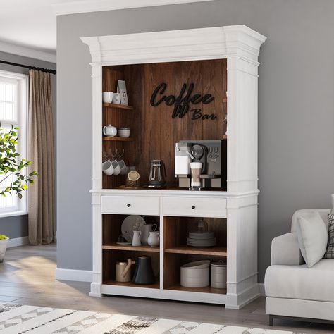 Visually stunning and incredibly functional, our Cambuslang Solid Wood 2 Tone White Coffee Bar Hutch Cabinet will transport you to a world of cozy ambiance and countryside aura. Entirely handcrafted from the finest solid wood, this clean-lined hutch cabinet boasts a magical 2-tone outlook that combines the rustic elements and natural character of the solid wood with a gorgeous white finish. Exuding timeless elegance and sophistication, this visually powerful piece features multiple storage optio Coffee Bar Out Of China Cabinet, Coffee Station Hutch, Espresso Counter Station, Coffee Bar Entertainment Center, Wood Coffee Bar, Coffee Cabinet Ideas, China Cabinet To Coffee Bar, White Coffee Bar, Coffee Bar Dining Room