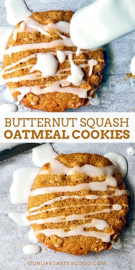 Oatmeal Butternut Squash Cookies are made with delicious BUTTERNUT SQUASH PUREE, oats, and spices and they bake up SOFT & CHEWY. These COOKIES are delicious right out of the oven, but why not dress them up with a sweet tasting MAPLE GLAZE? Go ahead, you'll be happy you did! #LTGrecipes #cookies #butternutsquash #oatmeal #oatmealcookies #maple #glaze #Thanksgiving #fall Squash Cookies, Butternut Squash Cookies, Butternut Squash Dessert, Everyday Cookies, Recipe Oatmeal, Bakers Delight, Butternut Squash Puree, Squash Puree, High Protein Desserts