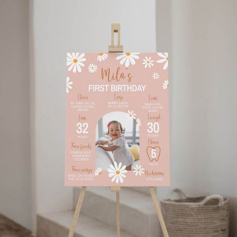 Milestone Markers: First Birthday Milestone Sign Suggestions Floral 1st Birthday Party Decoration, Daisy First Birthday Decor, Daisy Themed One Year Old Party, Pink Daisy First Birthday Theme, Aesthetic First Birthday, One Year Milestone Board, First Birthday Daisy Theme, Daisy Party Theme 1st Birthdays, Flower First Birthday Party