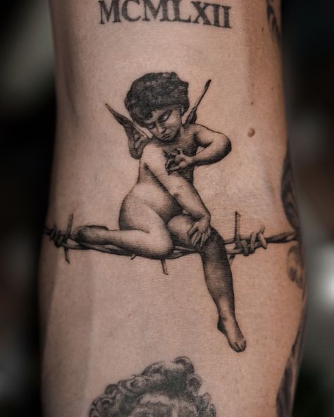 Barbed Wire Tattoos, Cupid Tattoo, Twin Tattoos, Cherub Tattoo, Flame Tattoos, Tattoo Inspiration Men, Cool Forearm Tattoos, Line Work Tattoo, Angel Tattoo