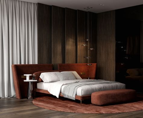 Dark Luxury Bedroom Design, Luxury Neoclassic Bedroom Design, Wide Headboard, Headboard Bed Frame, Floating Bed Frame, Headboard Bed, Fabric Bed Frame, Leather Sofa Bed, Curved Headboard