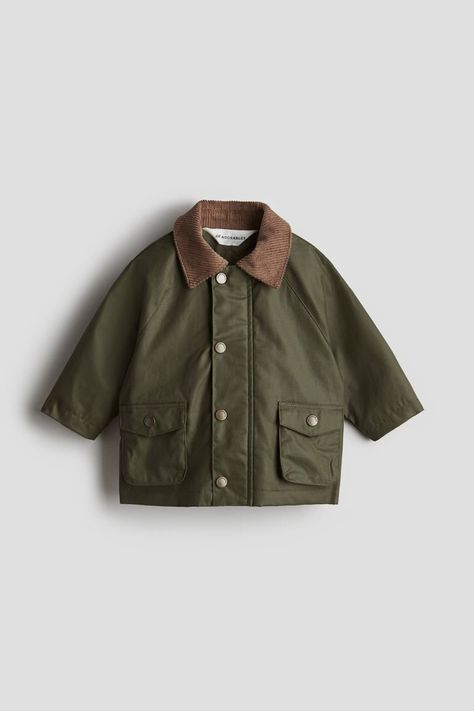 Waxed Cotton Jacket - Long sleeve - Regular length - Khaki green - Kids | H&M US | H&M (US + CA) Toddler Boy Fashion, Boys Fall Outfits, Kids Activewear, Waxed Cotton Jacket, Blouse Jeans, Fall Capsule Wardrobe, Cardigan Sweater Jacket, Suits And Jackets, Snap Fasteners