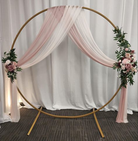 Ring Backdrop With Flowers, Flower Hoop Backdrop, Flowers On A Wedding Arch, Round Backdrop With Curtain, Decorating Hoops For Wedding, Wedding Arch Flowers And Fabric, Ring With Flowers Decor, Decorating Round Backdrop, Hoop Photo Backdrop