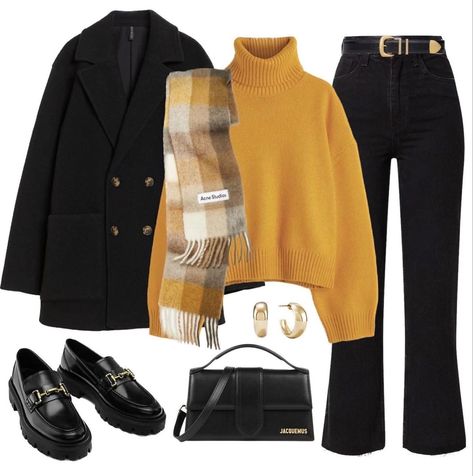 Jacquemus Earrings, Sweater Hm, Hm Jeans, Bag Jacquemus, Ideas De Outfits, Cropped Coat, Yellow Outfit, Classy Work Outfits, Virtual Stylist