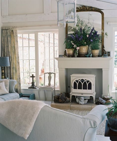 French Country Faux Fireplace, French Cottage Fireplace, Small Fireplace Ideas, Farmhouse Style Fireplace, Fireplace Electric, Fireplaces Layout, Faux Fireplace Mantels, Cottage Fireplace, Style Fireplace