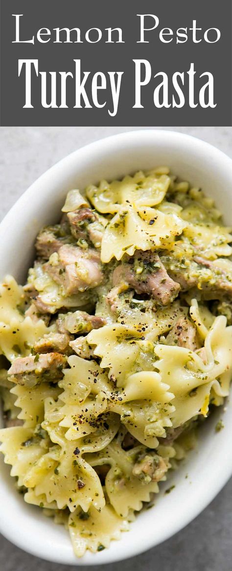 Lemon Pesto Turkey Pasta - EASY and delicious way to use up leftover turkey! with basil pesto and lemon zest, carbonara style #EasyDinner #TurkeyLeftovers #Carbonara #Pasta Pasta Basil, Pesto Turkey, Turkey Pasta, Lemon Pesto, Holiday Turkey, Leftover Turkey Recipes, Carbonara Pasta, Lemon Pasta, Bowtie Pasta