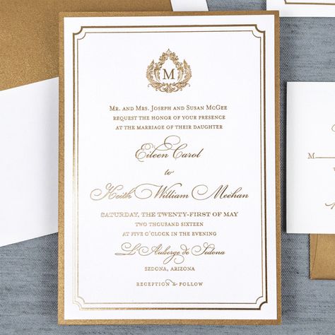 Royal Monogram Crest Letterpress Wedding Invitations Gold Embossed Wedding Invitations, Royal Invitation Card Design, Royal Monogram, Embossed Wedding Invitations, Royal Invitation, Royal Wedding Invitation, Wedding Planner Checklist, Invitation Layout, Royal Theme