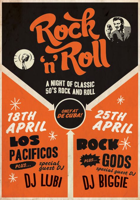 Rock n Roll Poster, Graphic Design Bar Poster by www.diagramdesign.co.uk Old Rock Posters, Rock And Roll Graphic Design, Rock N Roll Graphic Design, 50s Graphic Design, 70s Poster Design, Retro Concert Poster, Rock Graphic Design, Dance Event Poster, Rock N Roll Poster