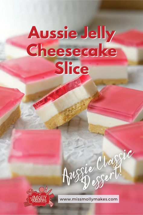 Jelly Cheesecake Slice, Jelly Slice Recipe, Coconut Jello, Jello Cakes, Philly Cheesecake, Sweet Slices, Jelly Cheesecake, Cheesecake Slice, Buttery Cookie