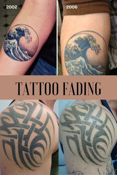 What is Tattoo Fading? - TattooGlee Aged Colored Tattoos, Tattoo Fade Out, Old Tattoos Faded, Faded Tattoos Before And After, Aged Tattoos Before And After, Faded Color Tattoo, Tattoo Styles Types Of, 1981 Tattoo, Fading Tattoo