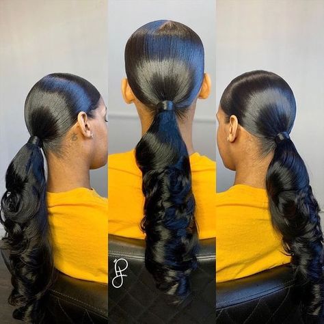 Long Black Hair Ponytail, Fire Hairstyles, Bridesmaid Ponytail, Black Bridesmaids Hairstyles, Weave With Closure, Buns Hairstyles, Baddie Hair, Slick Ponytail, Slicked Back Ponytail