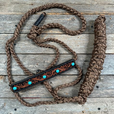 Our favorite mule tape halter with buckstitch leather noseband, is decorated with round turquoise colored cabochons conchos. Mule tape has a 10ft lead. All leads are removable Hot Headstalls Horse Tack, Tack Room Ideas Barn, Mule Tape Halter, Leather Horse Halter, Chevy Accessories, Bling Horse Tack, Leather Horse Tack, Horses Stuff, Horse Tack Diy