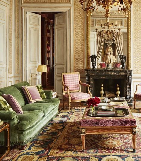 Katherine Bryan's Paris Home by Studio Peregalli - Katie Considers Studio Peregalli, Parisian Apartment Decor, Interior Design Per La Casa, Paris Home, Green Sofa, Inspire Me Home Decor, Parisian Apartment, High Ceilings, French Interior