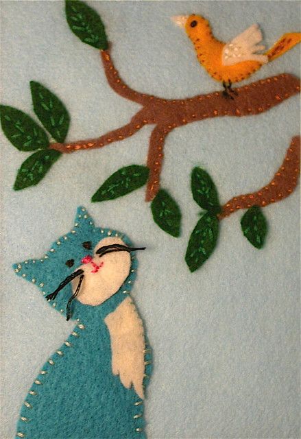 Cat and Bird Felt Art | Yay! Just sold together with The Toy… | Flickr Wool Felt Projects, Wool Applique Patterns, Felted Wool Crafts, Felt Pictures, Wool Quilts, Felt Embroidery, Wool Projects, Felt Birds, Felt Cat