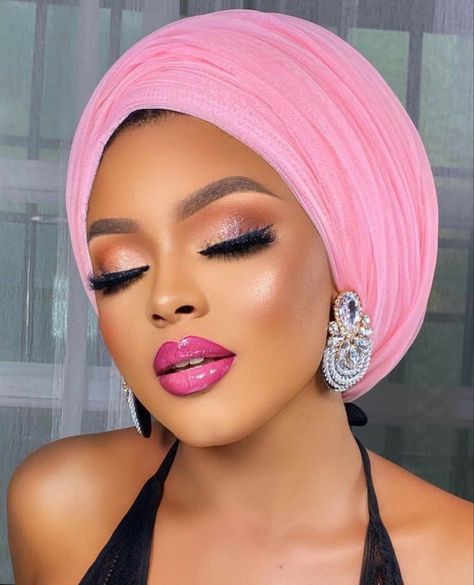 Nigerian Owambe Makeup, Nigerian Makeup Looks, Black Queen Makeup, Nigerian Makeup, Pink Headwrap, Flawless Face Makeup, Pink Looks, African Hair Wrap, Brown Girls Makeup